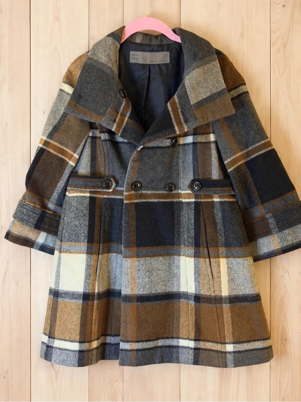 Zara Plaid Peacoat in Brown, Gray & Cream